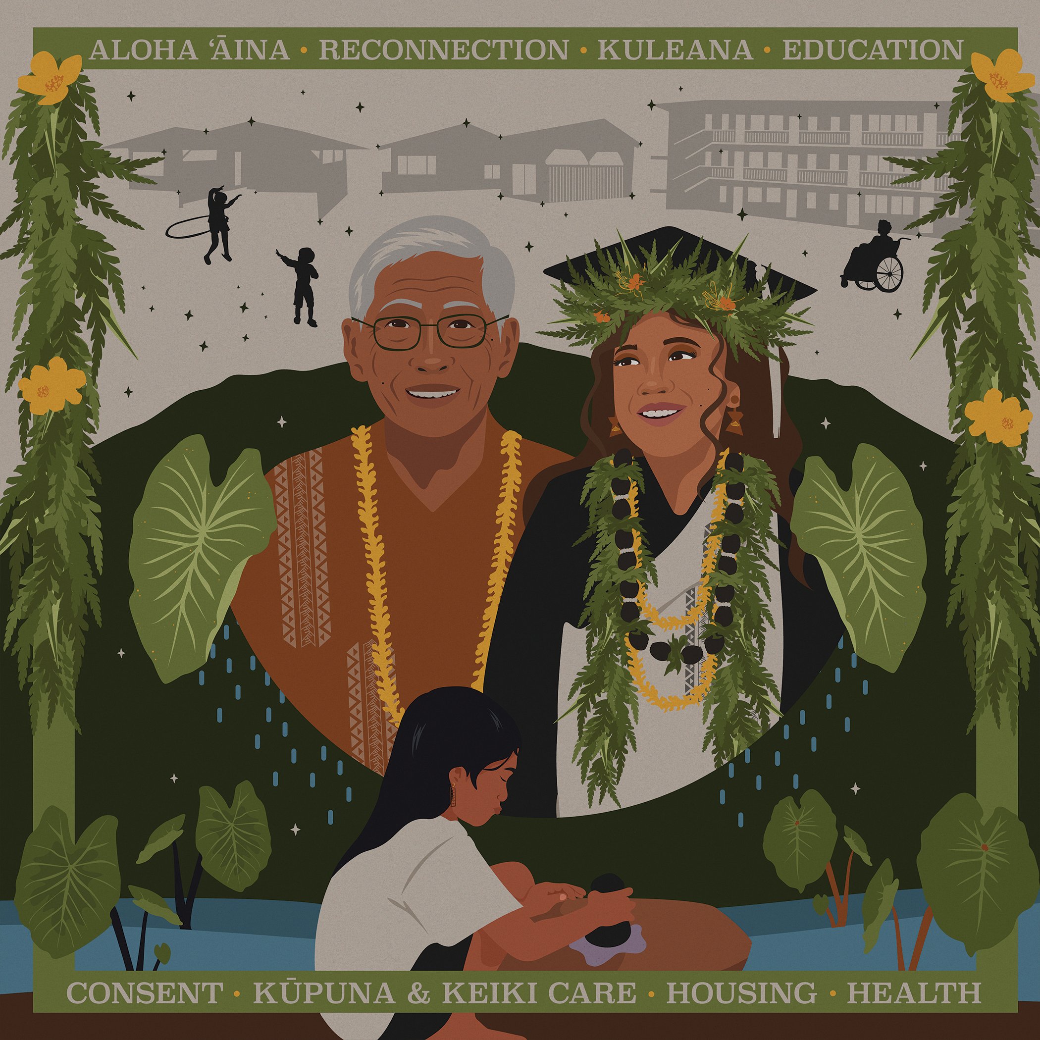 A mixed-race Kanaka Maoli (Native Hawaiian) graduate, adorned with celebratory lei and kīhei (a Hawaiian wrap) smiling next to their elder father. Behind them is the night sky with constellations of different homes and silhouettes of community members - an elder resting and children playing above Mauna Kea. Below the graduate and their dad, rain is falling onto variations of kūpuna (elder, ancestral) varieties of kalo (taro). In the foreground is a child pounding pa’i’ai (undiluted poi) . Framing the image are the written values of aloha ʻāina (love of the land), reconnection, kuleana (responsibility and rights in relation to genealogy and place), education, consent, kūpuna & keiki (child) care, housing, and health.