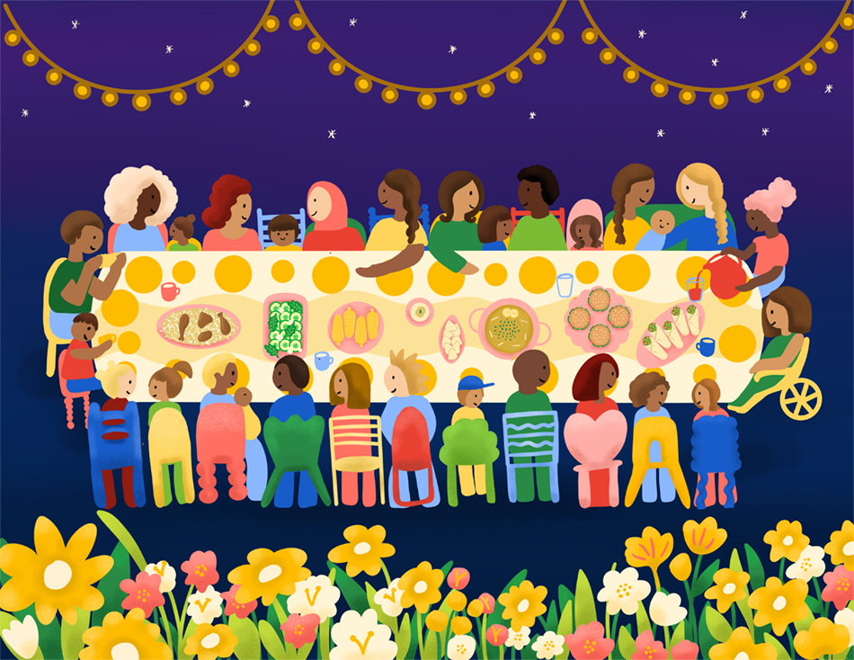 Diverse group of people gather around a long table to enjoy a feast, under a series of strung lights. Flowers bloom in the foreground.