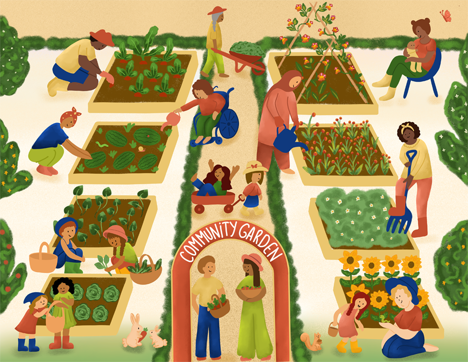 A multicultural and multigenerational community work in, play, and enjoy a community garden with two rows of garden beds.